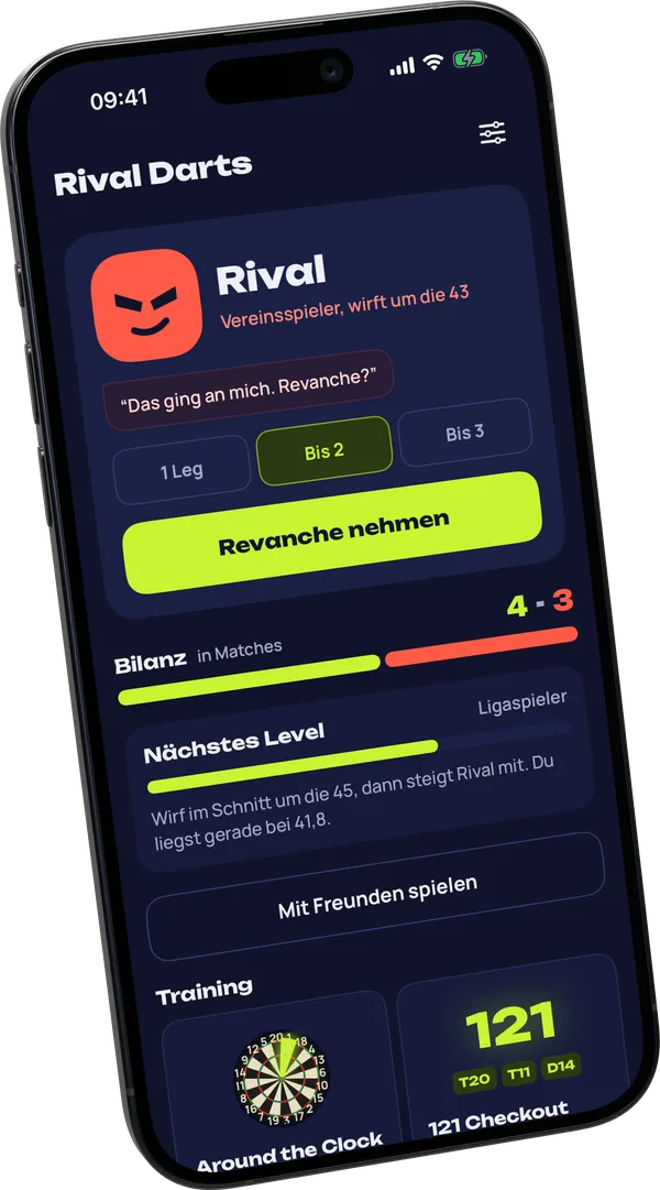 Der Startbildschirm: Rival, sein Spruch, das Matchformat und die Bilanz von 4 zu 3 Matches.